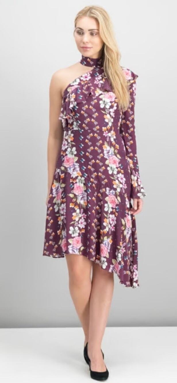 Parker Rine Elixir Meadow Silk Floral One Shoulder Midi Dress Size 8